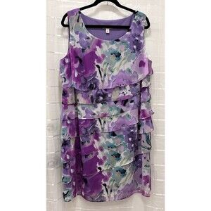 DressBarn Tiered Chiffon Dress Womens 16 Purple Floral Sleeveless